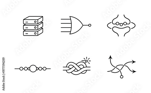 Line style icons of cognitive-style compute links: storage unit tile, processing gate slice, synaptic gap loop, weighted transfer