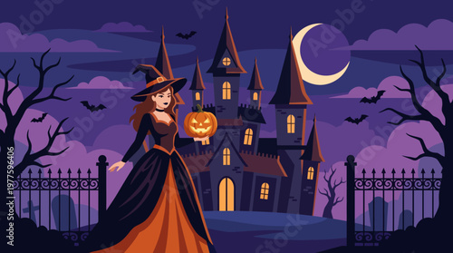 A whimsical depiction of a witch holding a pumpkin in front of a haunted castle, capturing the spirit of Halloween with enchanting colors and a mystic atmosphere.