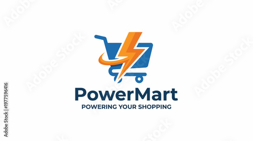 A modern logo for PowerMart showcasing a shopping cart intertwined with a lightning bolt to symbolize fast and efficient shopping experiences.