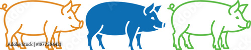 Three stylized pigs illustrated in different artistic outlines and solid color