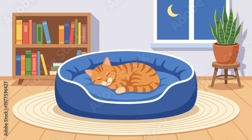 An adorable orange cat peacefully sleeping in a plush blue pet bed, surrounded by books, plants, and a warm room atmosphere for ultimate comfort.