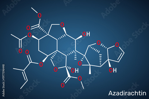Azadirachtin molecule. Natural insecticide found in Neem seeds. Dark blue background. Vector illustration