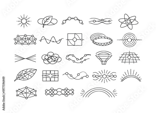 Line style icons of coherent-light plant energy: photon intake dot, leaf resonance loop, pigment chain arc, exciton drift band,