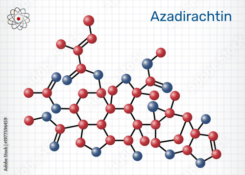 Azadirachtin molecule. Natural insecticide found in Neem seeds. Sheet of paper in a cage. Molecular model. Vector Illustration