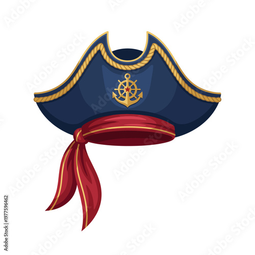 An eye-catching pirate hat adorned with a red bandana, showcasing intricate details and a mariner's emblem indicative of high seas adventures and exploration.