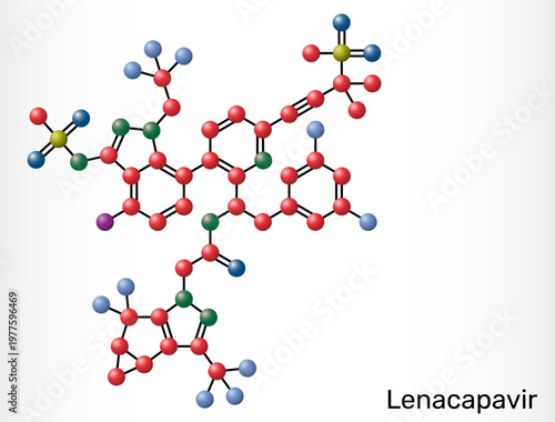 Lenacapavir molecule model, long-acting HIV-1 capsid inhibitor drug, antiviral medication for HIV treatment. Vector illustration
