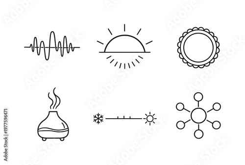 Line style icons of sensory modulation tools: sound modulation wave, light intensity arc, tactile feedback ring, aroma diffusion