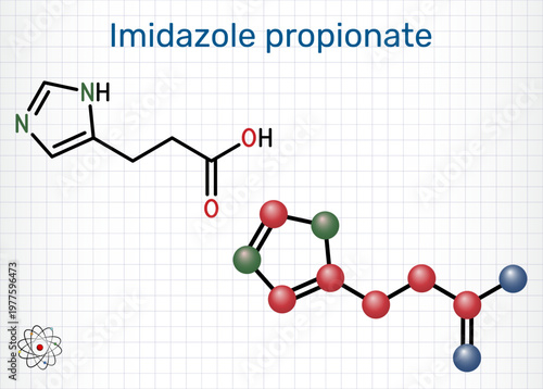Imidazole propionate, ImP, 5-imidazolepropionic acid molecule. Bacterial metabolite of histidine and neurotoxin linked to gut microbiota and insulin resistance. Sheet of paper in a cage