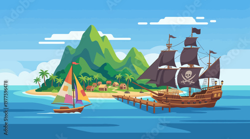 A vibrant scene depicting a pirate ship anchored by a tropical island, featuring lush greenery, mountain peaks, and clear blue waters for a breathtaking view.