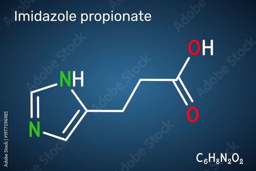 Imidazole propionate, ImP, 5-imidazolepropionic acid molecule. Bacterial metabolite of histidine and neurotoxin linked to gut microbiota and insulin resistance. Dark blue background