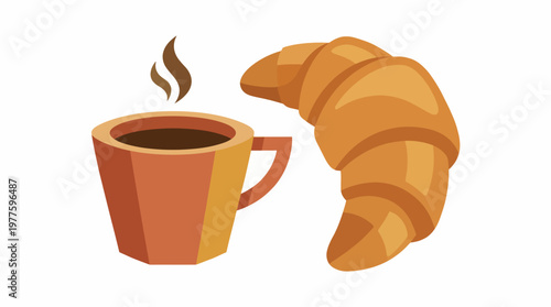 An inviting scene showcasing a steaming cup of coffee beside a freshly baked croissant, perfect for a delightful morning treat symbolizing comfort and warmth.