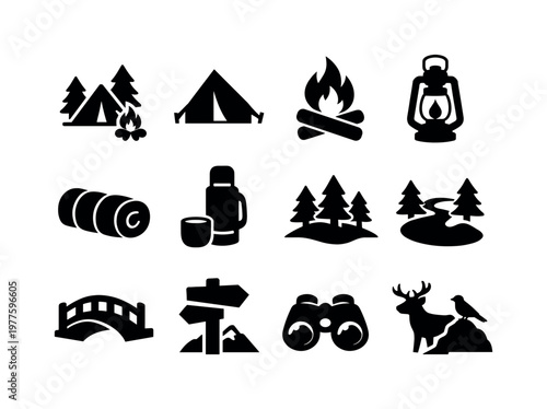 Nature Adventure Icons. Solid vector icons of nature escape journey: campsite, tent, campfire, lantern, sleepingbag, thermos,