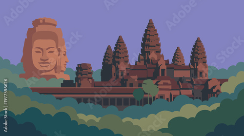 A beautifully illustrated representation of the Angkor Wat temple, showcasing its iconic architecture amidst a vibrant, green landscape and clear sky, symbolizing historical grandeur.