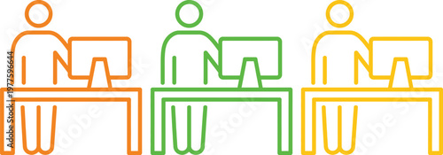 Three stylized outlines of people sitting at desks with varying color overlays