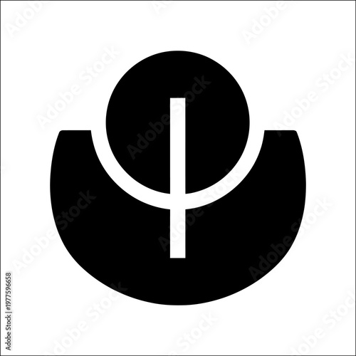 Black semicircle with white outline and circle intersected by vertical line, Swiss minimalism