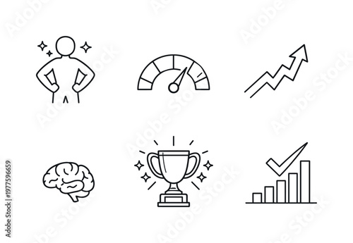 Line style vector icons of perceived vs actual competence: confident-person icon, skill-meter motif, upward-confidence arrow,