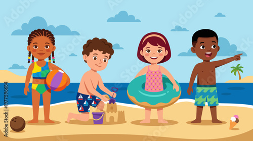 A delightful scene depicting children playing on a summer beach, engaging in activities like building sandcastles and enjoying the sun, representing fun and friendship.