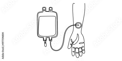 Single line drawing of a medical iv bag connected to a human arm for blood transfusion or therapy
