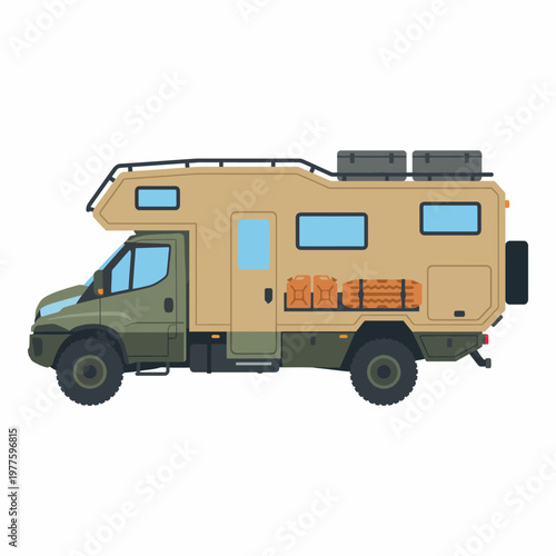This image features a robust, stylish camper van designed for off-road adventures, complete with ample storage and a functional build for outdoor enthusiasts seeking adventure.