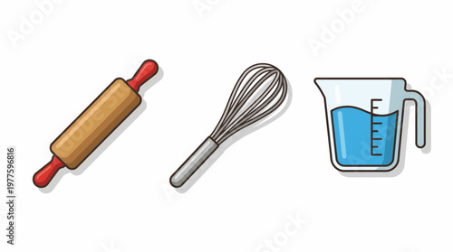 This image displays essential baking tools: a rolling pin, whisk, and a measuring cup, capturing the essence of culinary art and the joy of baking at home.