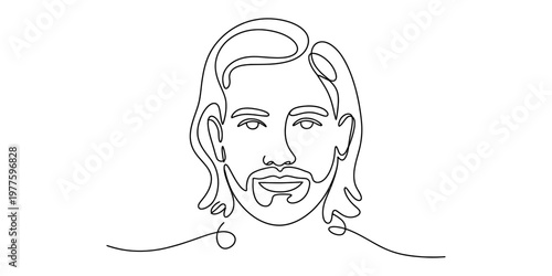 One line drawing of a bearded man with long hair isolated on white background