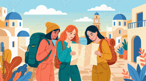 Three friends are shown exploring a picturesque location while studying a map; an ideal representation of travel camaraderie, adventure, and cultural exploration.