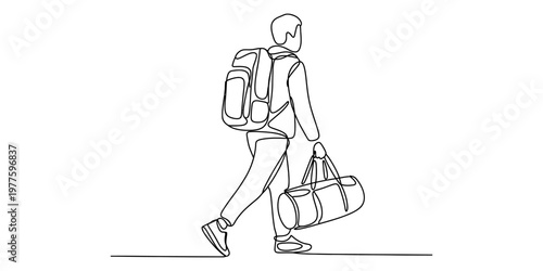 Minimalist one line drawing of a man walking away with a backpack and a duffel bag