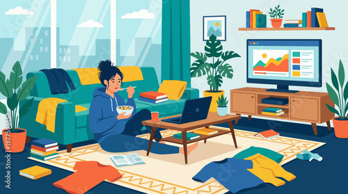 A vibrant and cozy living room featuring a person eating snacks while seated comfortably with scattered clothes and books, creating a relaxed atmosphere of home life.