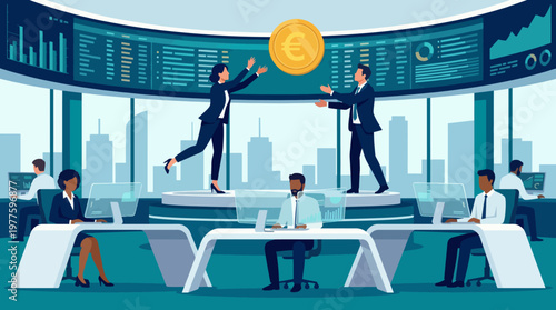 A dynamic office scene depicting professionals collaborating and engaging with digital data and graphs, emphasizing teamwork and innovation in the modern work environment.