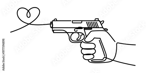 Continuous line art depicting a hand holding a pistol with a heart symbol emerging from it