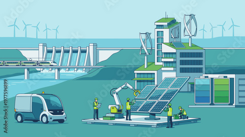 An enlightening scene showcasing multiple renewable energy sources including solar panels and wind turbines, highlighting the future of sustainability and environmental awareness.