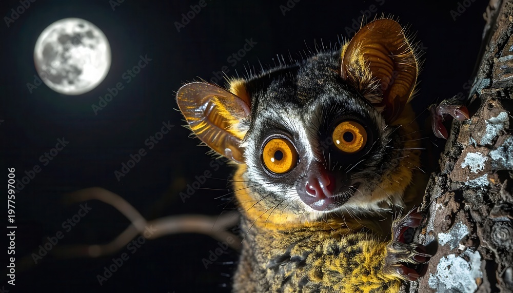 Fototapeta premium Close-up of a nocturnal lemur with large, glowing eyes against a dark night sky with a full moon.
