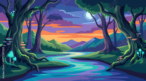 A mesmerizing illustration of a mystical forest at twilight featuring a flowing river, magical trees, and glowing mushrooms, evoking wonder and enchantment in nature.