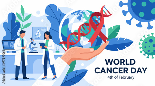 An informative illustration depicting World Cancer Day, featuring healthcare professionals working together towards awareness, research, and support for cancer prevention and treatment.