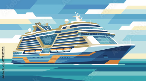 A sleek illustration of a cruise ship navigating through calm waters, characterized by its modern design and vibrant colors, epitomizing travel and adventure on the seas.