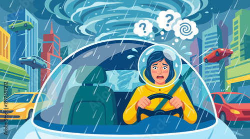 This illustration depicts an anxious driver in a car trying to navigate through heavy rain and a tornado, capturing the emotions of fear and uncertainty in extreme conditions.