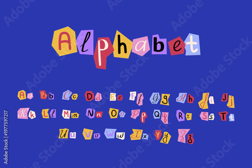 Colorful cutout alphabet letters set, collage ransom style font, mixed paper typography collection with uppercase and lowercase characters for creative design