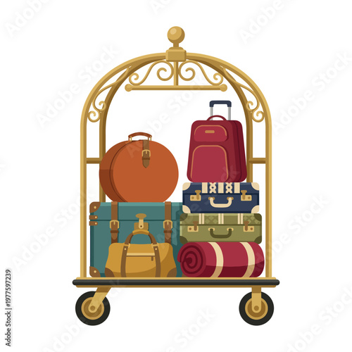 An illustration featuring a beautifully designed luggage cart loaded with various travel bags including suitcases, a round bag, and a blanket, symbolizing travel and adventure.