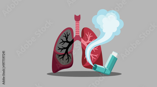 An artistic representation of human lungs illustrated with an inhaler, highlighting the connection between respiratory health and asthma management, emphasizing the importance of breathing.