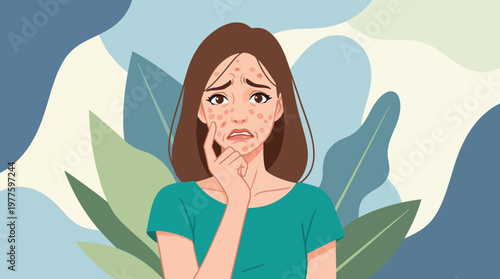 A digital artwork showcasing a young woman with visible skin issues, expressing her concern and insecurity, representing the emotional impact of appearance and self-image.