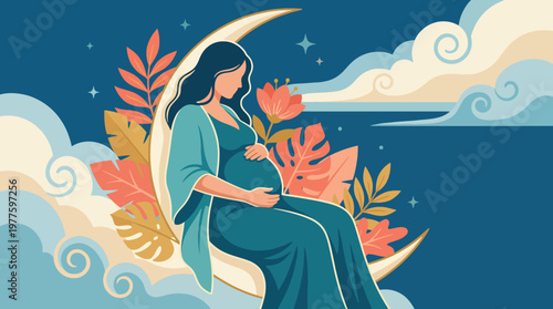 Canvastavla An enchanting illustration depicting a serene pregnant woman surrounded by nature, representing fertility, life, and the beauty of motherhood through vibrant colors and gentle elements
