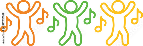 Three stylized stick figures dancing with musical notes around them in bright colors