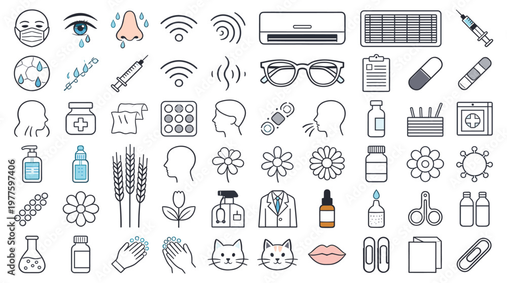 Naklejka premium Collection of medical and healthcare related icons on white background.