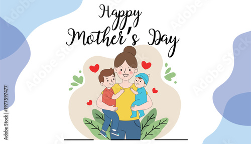 Happy Mother's Day celebration with mother embracing two children showing affection and joy colorful illustration depicting family bond