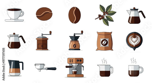 Coffee icons, coffee beans, coffee makers, espresso machines, vector graphics