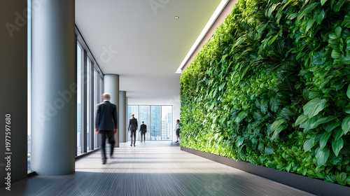 Modern office interior with green vertical garden wall promoting sustainable workspace design