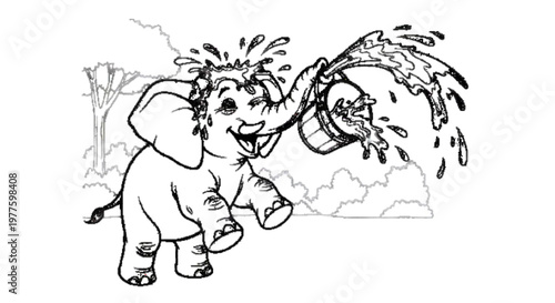 Baby elephant spraying water from bucket, joyful mood, outline drawing, black and white, coloring page style