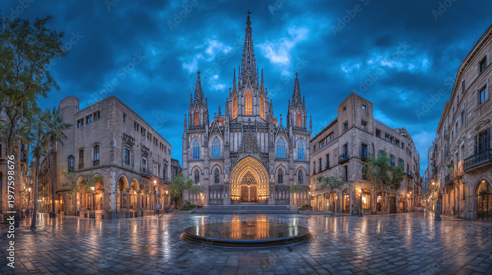 Fototapeta premium Illuminated cathedral facade with city street reflections at dusk in Paris
