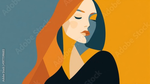 Woman with flowing red hair in artistic illustration against contrasting background