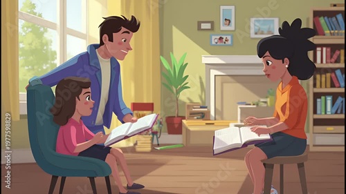 Heartwarming family moment, parents helping kids with homework at home, educational scene